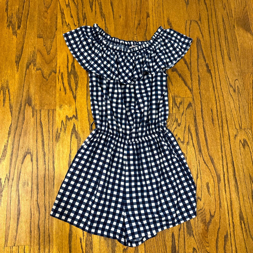 Off the shoulder, navy blue plaid romper